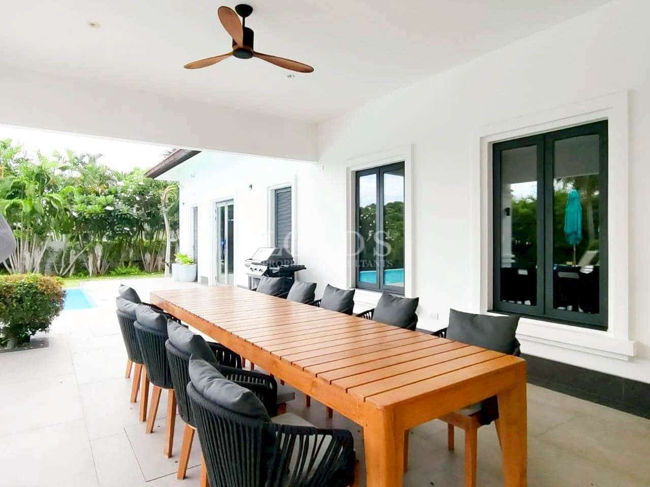 Outdoor dining area by the pool