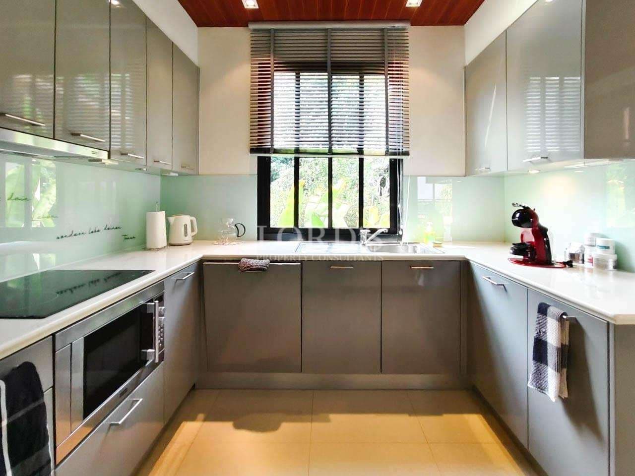 Modern U-shaped kitchen with gray cabinets, glass backsplash, built-in appliances, and large window.