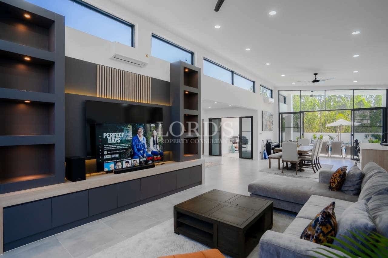 Modern living room with large windows