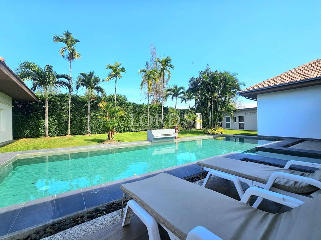 Luxury private swimming pool with sun loungers, tropical palm trees, clear blue water, and modern villa surroundings.