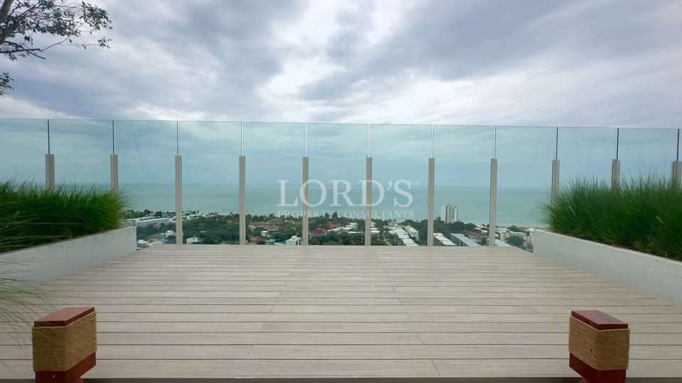 Minimalist rooftop deck with wooden flooring, glass safety railings, landscaped planters, and panoramic ocean and city views under a cloudy sky.
