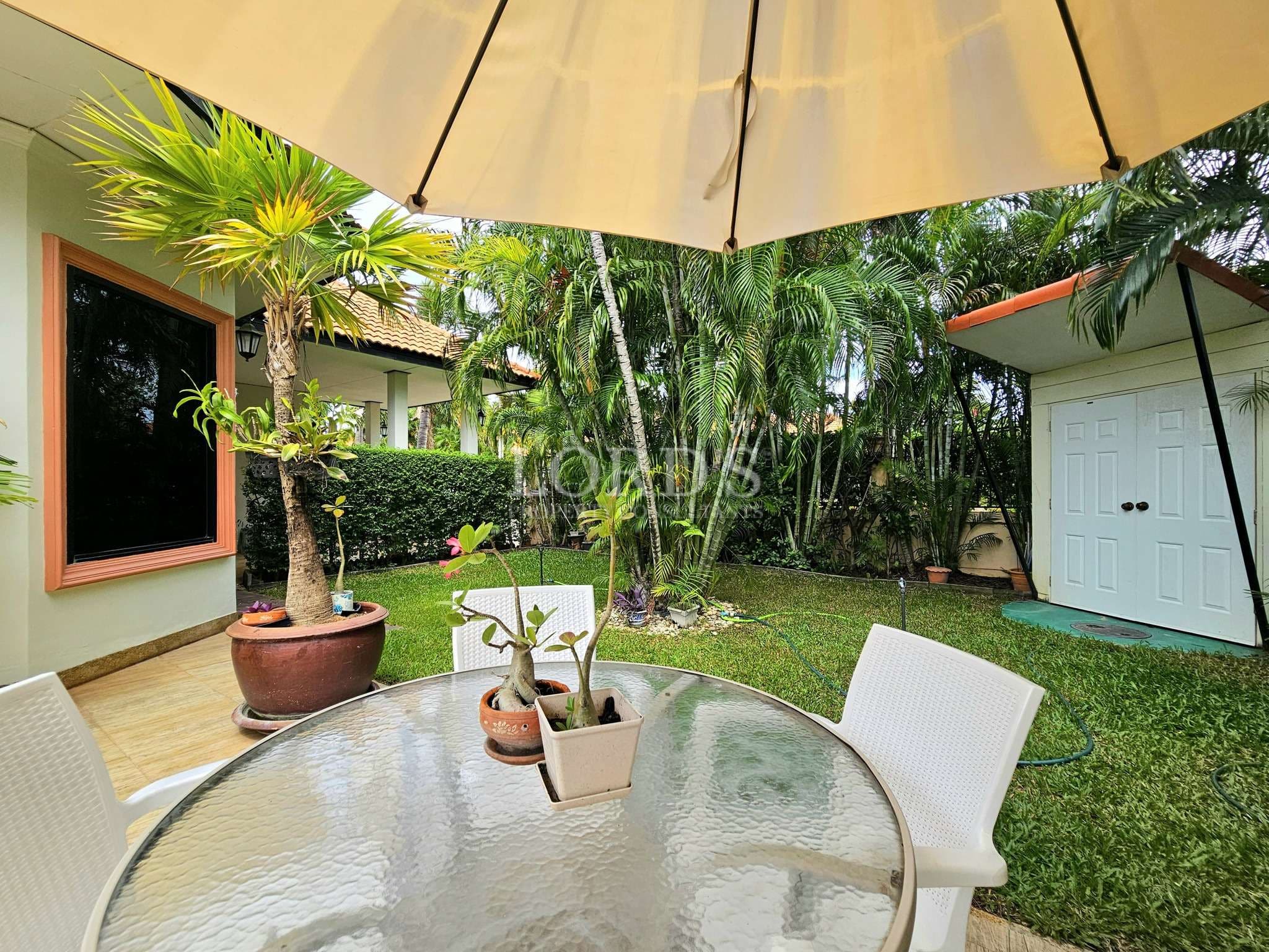 Outdoor dining area with greenery