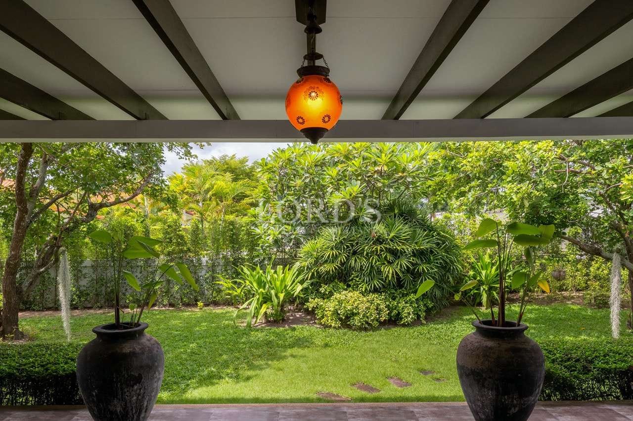 Lush garden view with decorative lighting