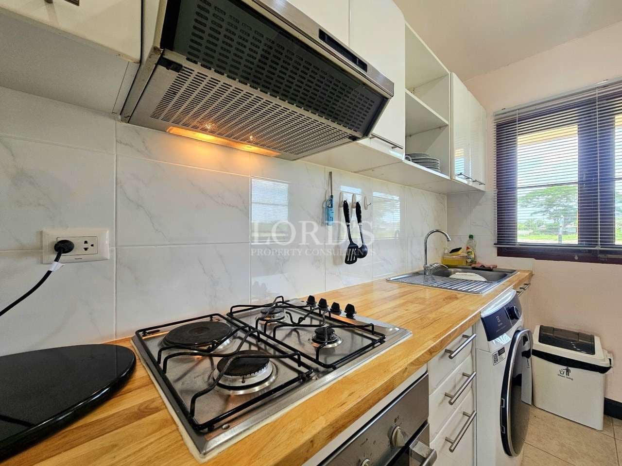 Modern kitchen with wooden countertop.