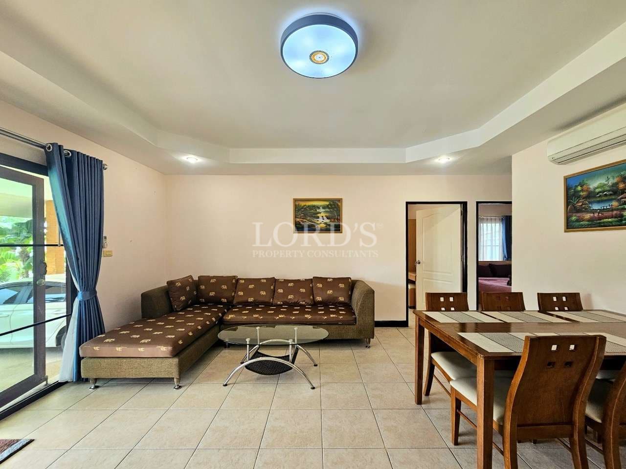 Modern living room with dining area
