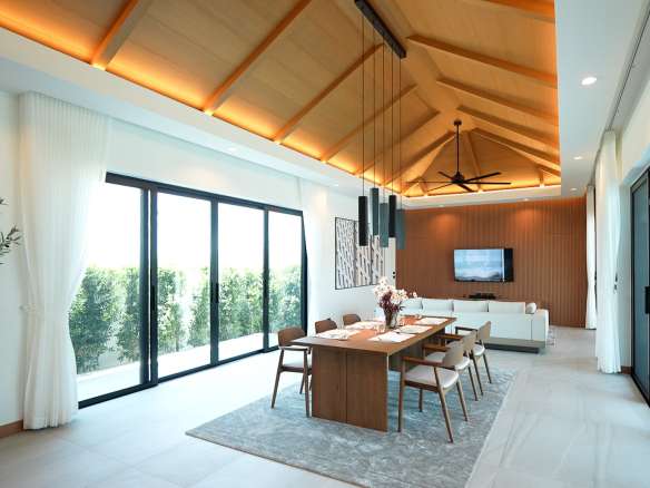 Luxury open-plan living and dining area with wooden ceiling, large glass doors, pendant lighting, and modern furniture.