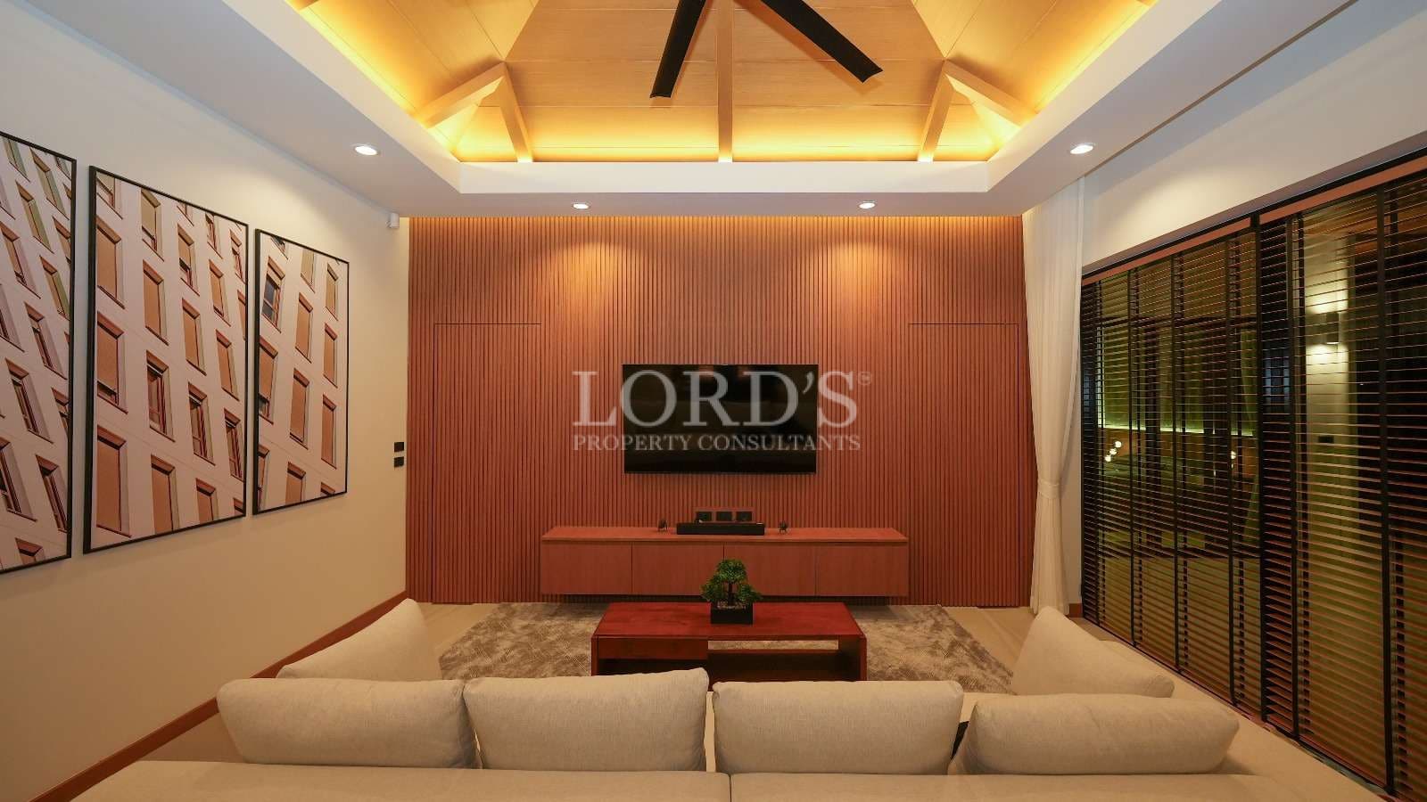 Modern living room with wooden accents