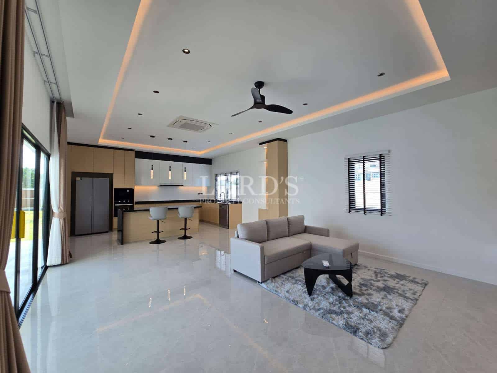 Modern living room with kitchen area