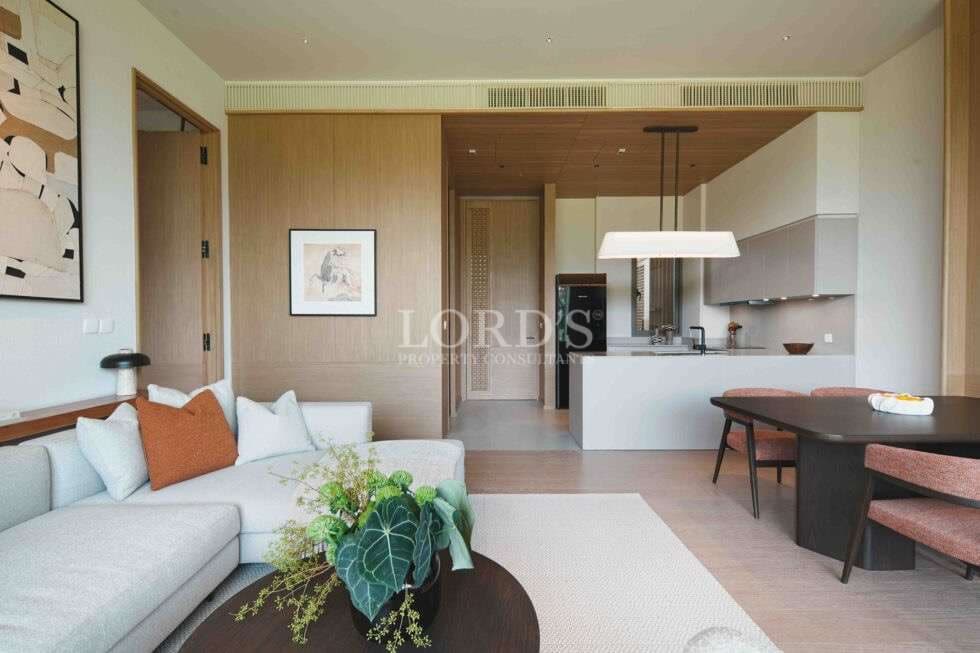 Modern living room with kitchen view