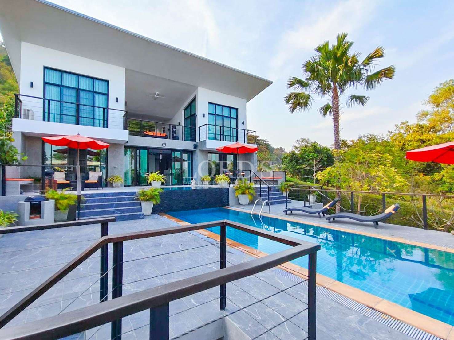 Modern house with pool and greenery