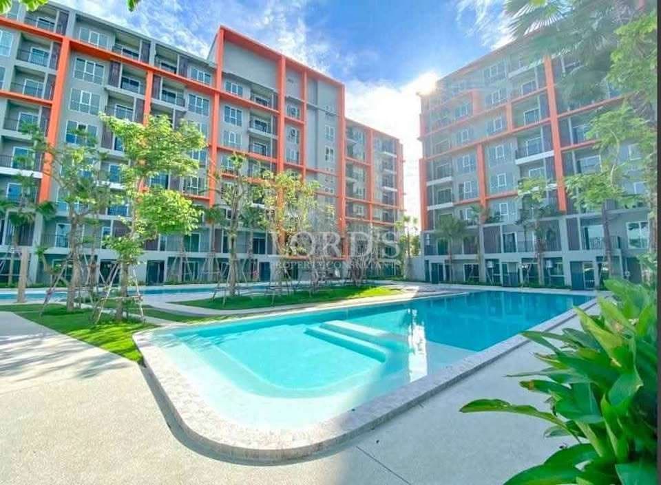 Modern apartment complex with pool