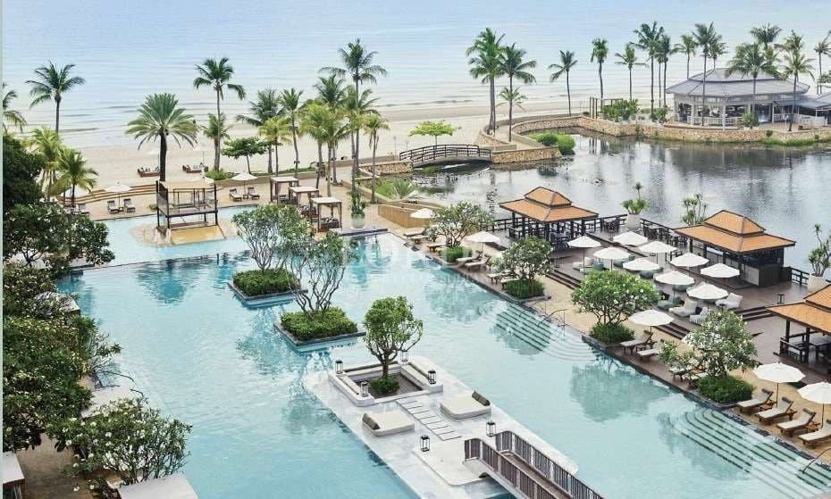 Luxurious resort with serene pools.