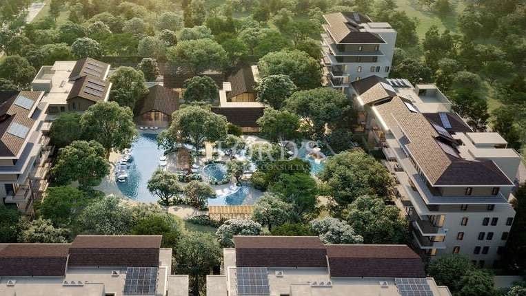 Aerial view of a resort complex.
