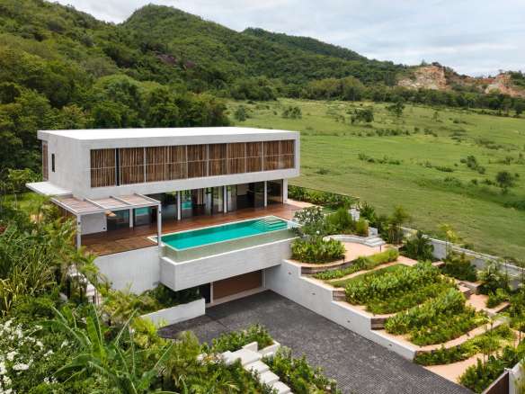 Modern house with pool and greenery