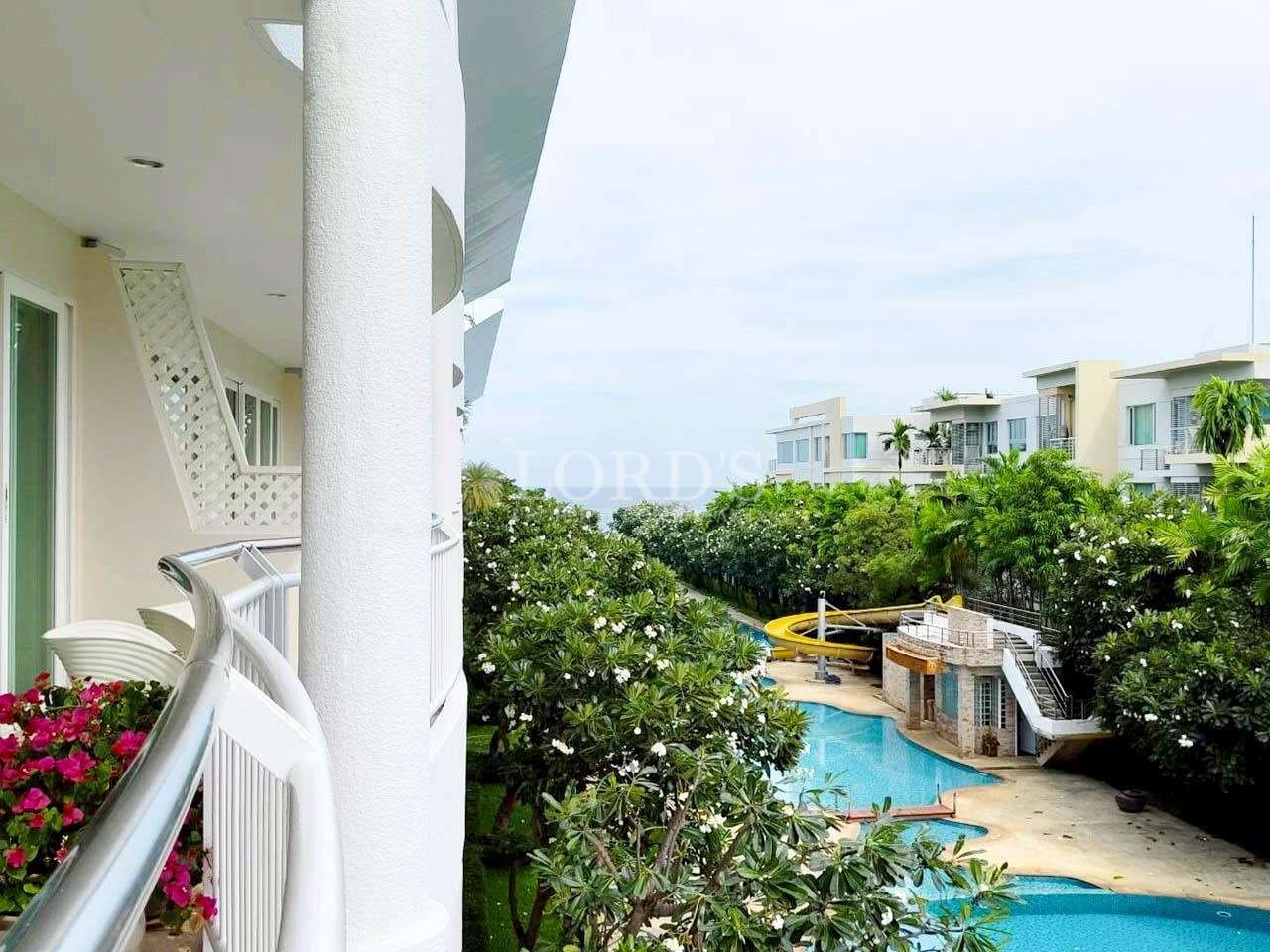 Balcony view of poolside resort