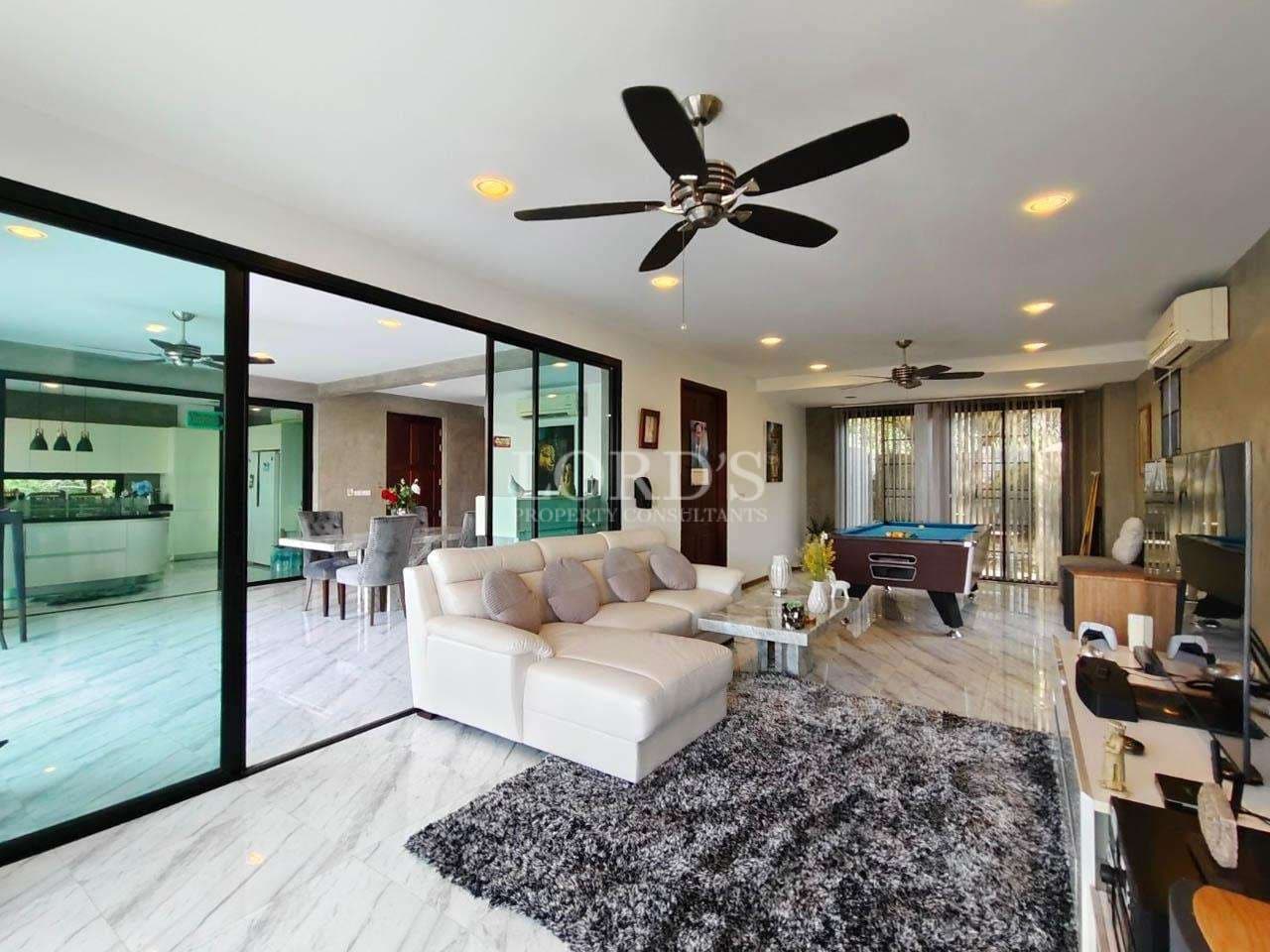 Modern living room with pool table