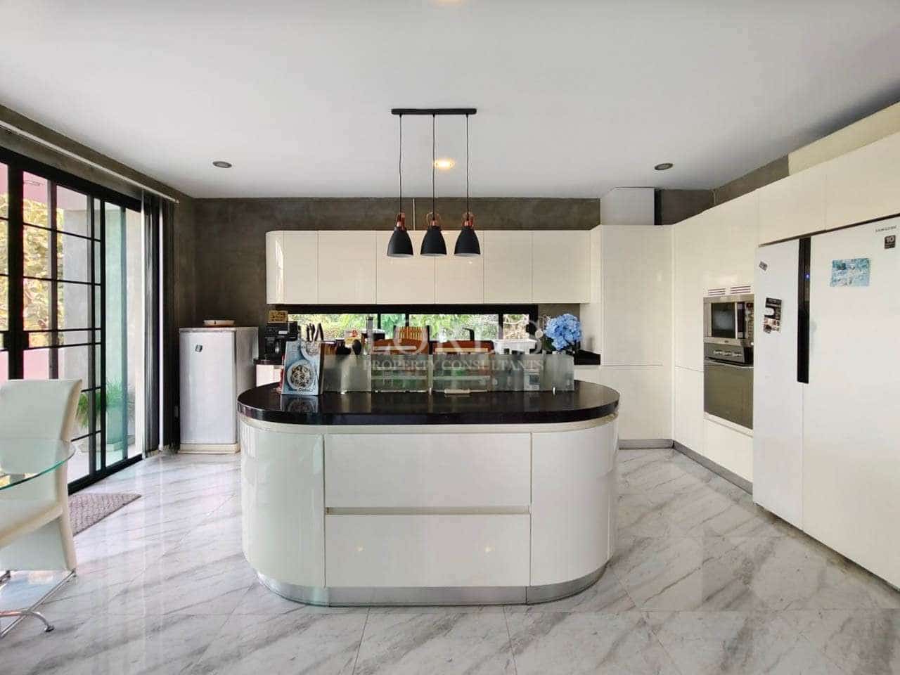 Modern kitchen with marble flooring