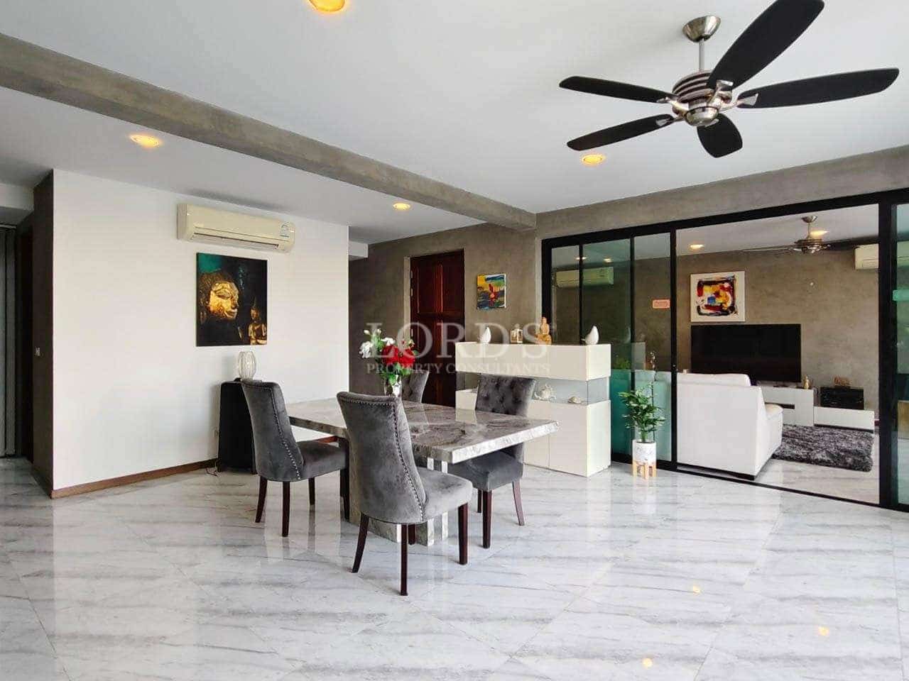 Modern living room with dining area