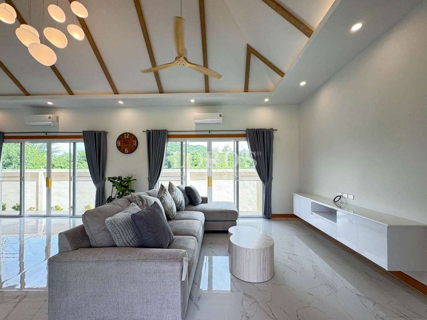 Modern living room with large windows