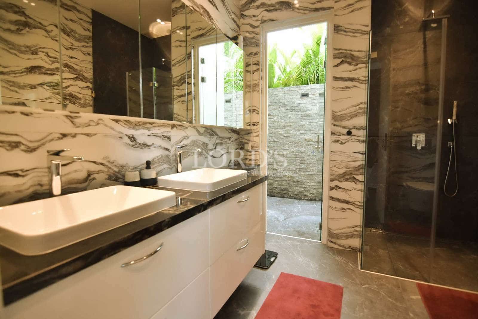 Modern bathroom with stylish decor.