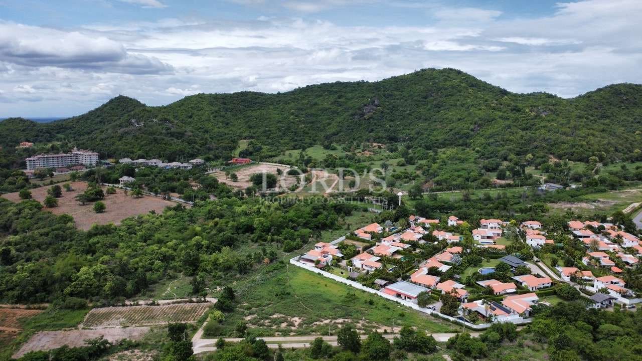 Aerial view of green landscape and houses.
