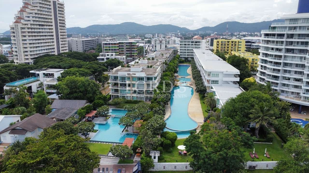 Aerial view of resort and pools.