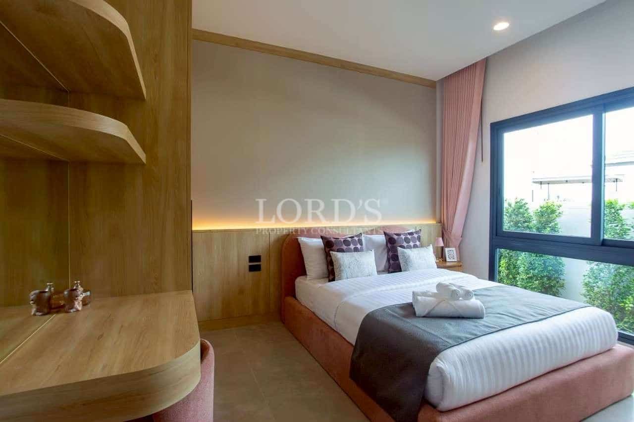 Modern bedroom with wooden accents