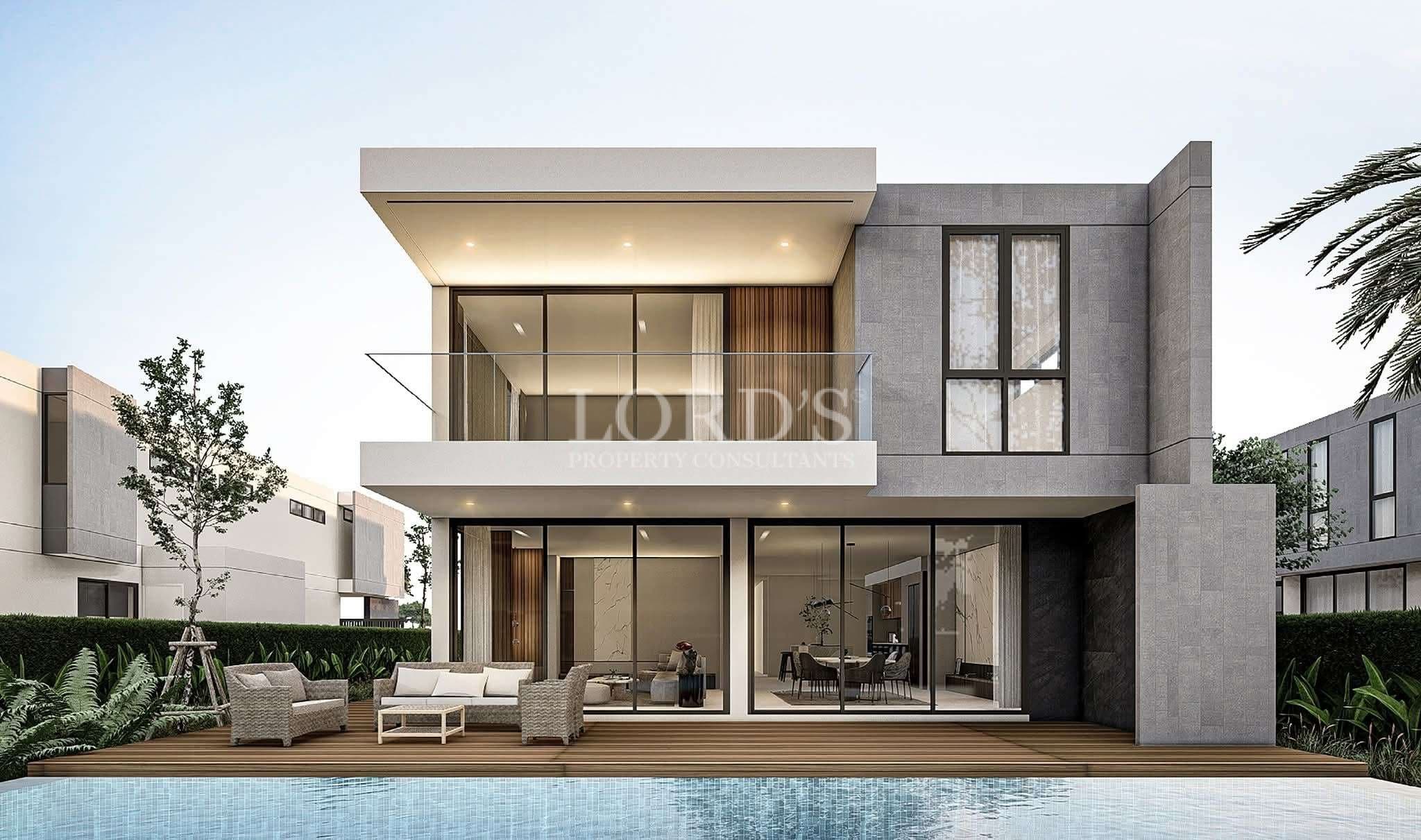 Contemporary two-story luxury villa with floor-to-ceiling glass, private swimming pool, balcony, and wooden deck.