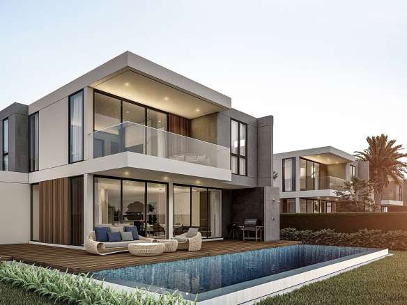 Luxury modern two-story villa with floor-to-ceiling glass, private swimming pool, wooden deck, and landscaped garden.