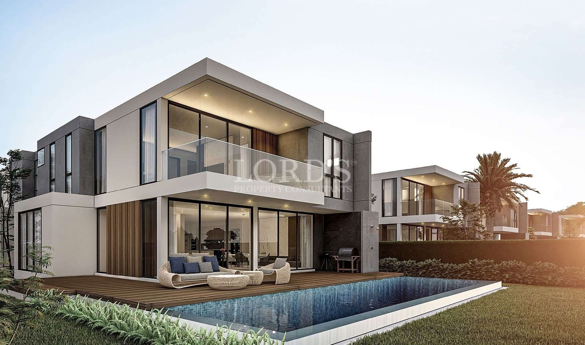1119 Luxury modern two-story villa with floor-to-ceiling glass, private swimming pool, wooden deck, and landscaped garden.