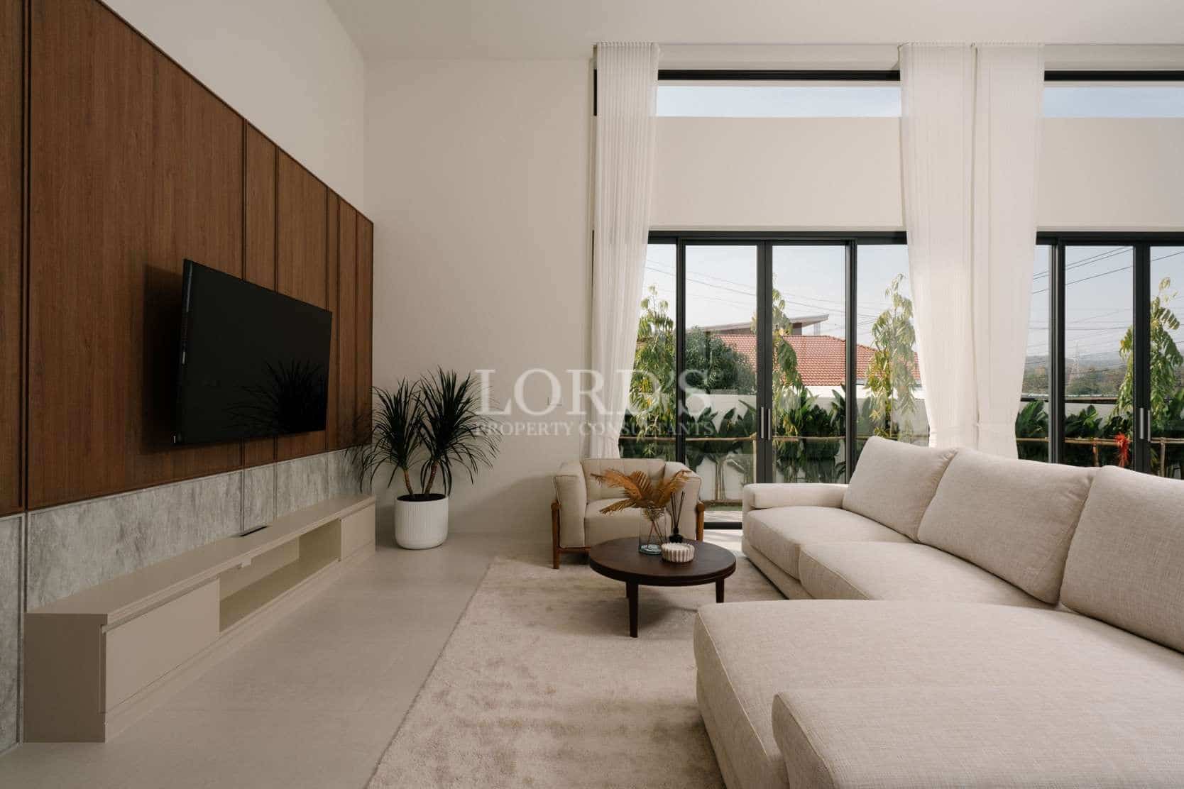 Modern living room with large windows
