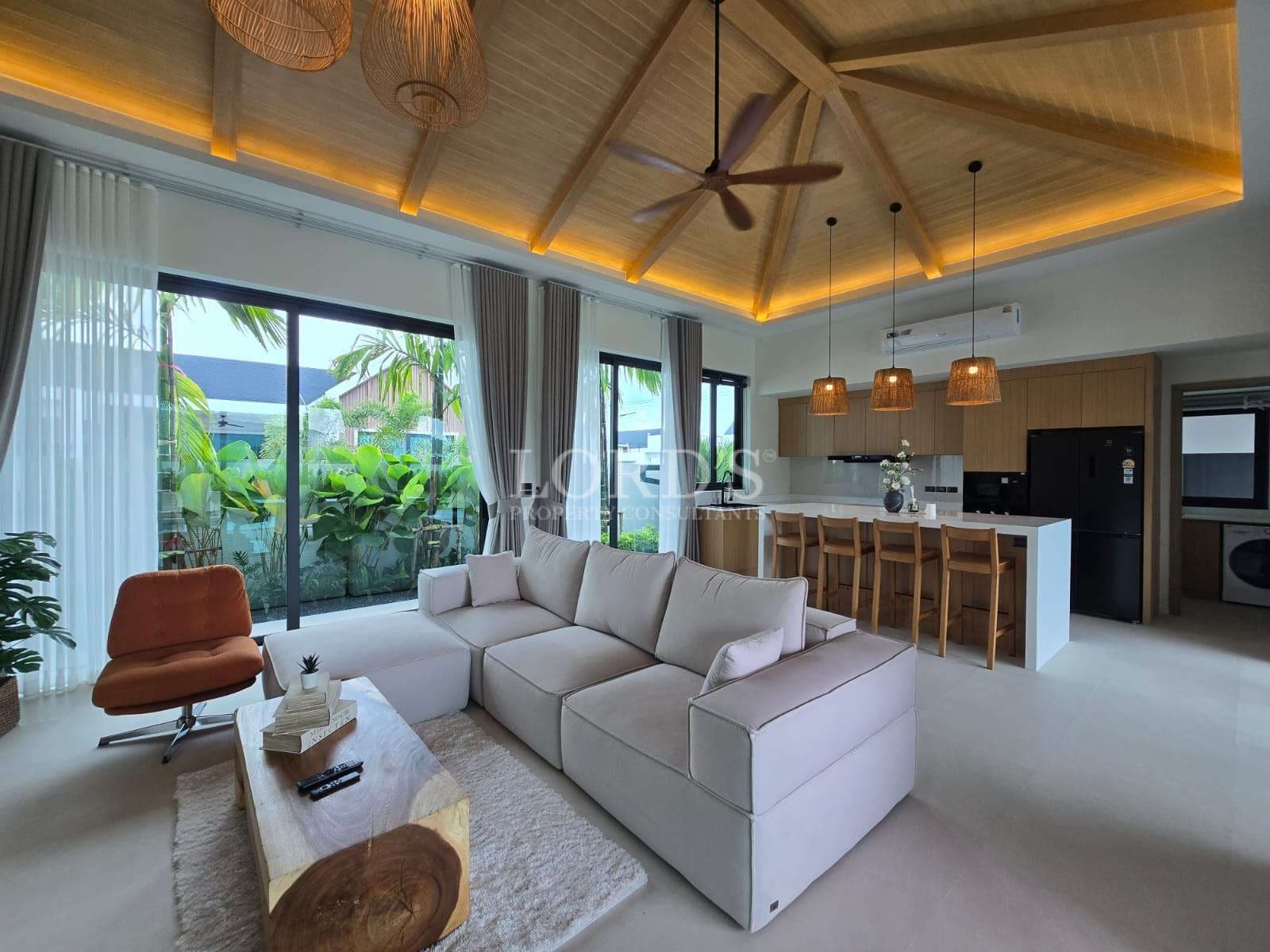 Modern living room with tropical view