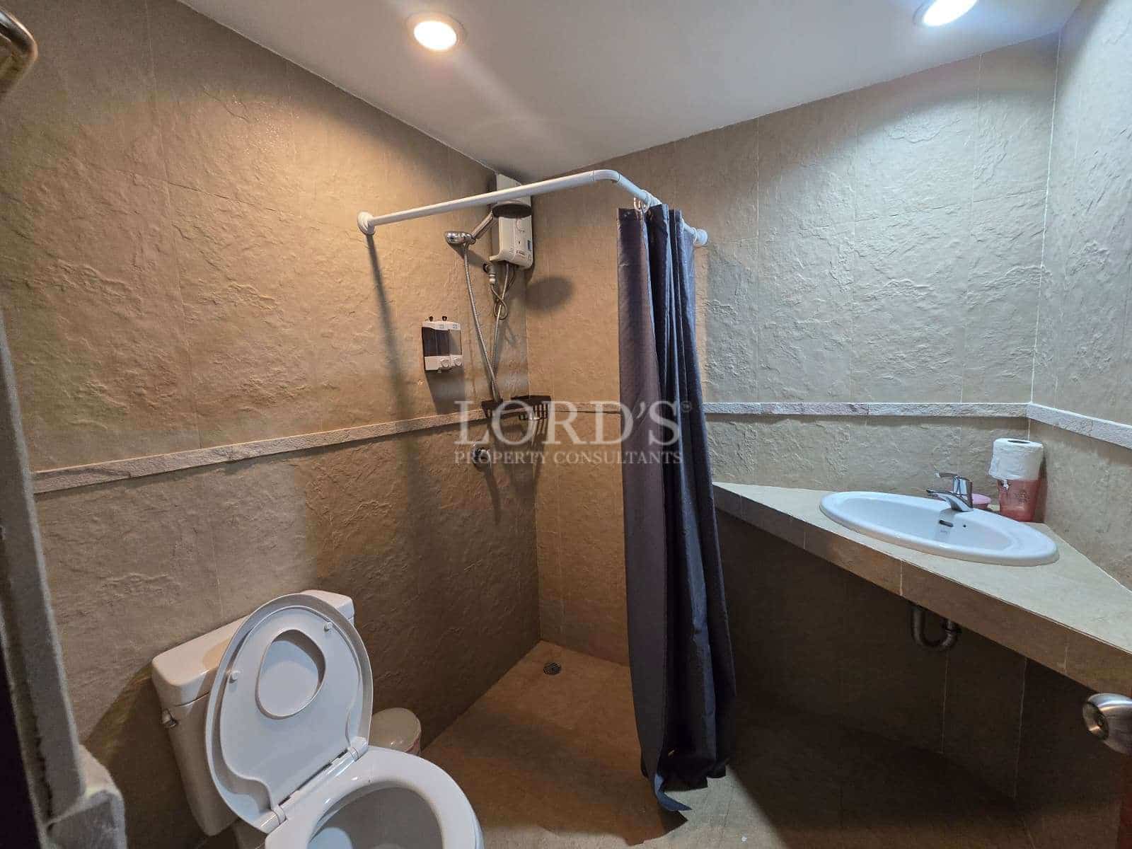 Compact bathroom with walk-in shower, toilet, sink, and textured stone-finish walls.