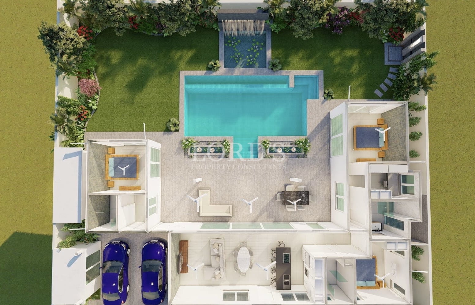 Top-down architectural rendering of a modern luxury villa featuring a central swimming pool, landscaped garden, outdoor lounge area, and multiple bedrooms arranged around a private courtyard.