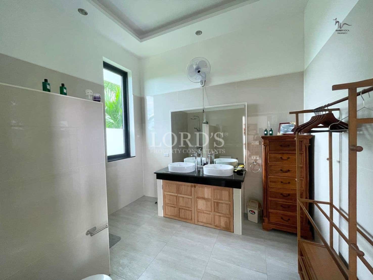 Modern bathroom with wooden accents