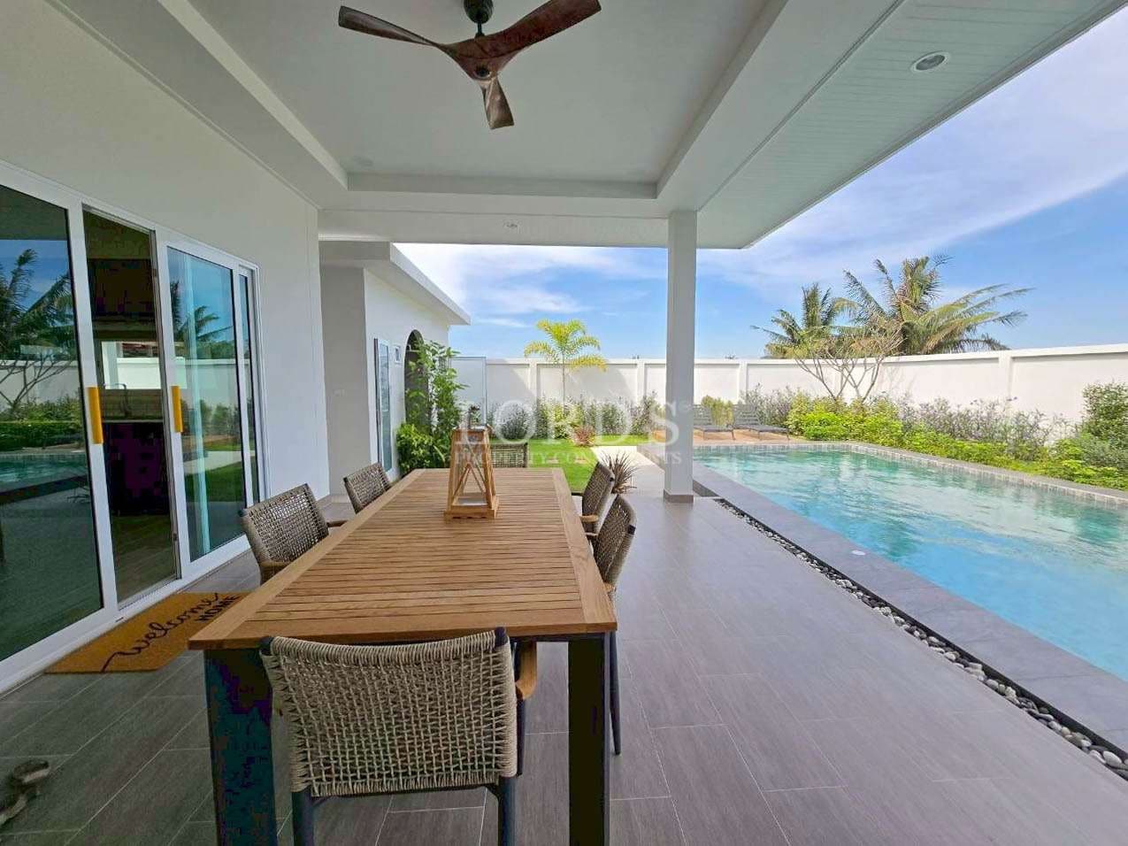 Modern patio with pool view