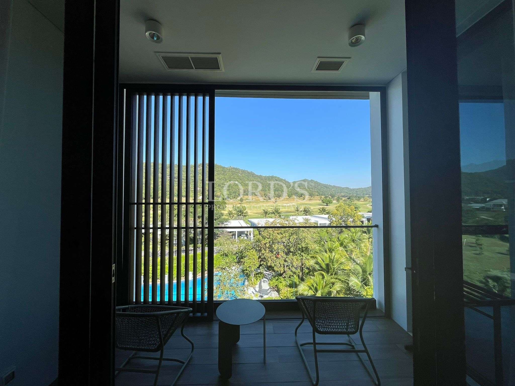 Scenic view from modern balcony