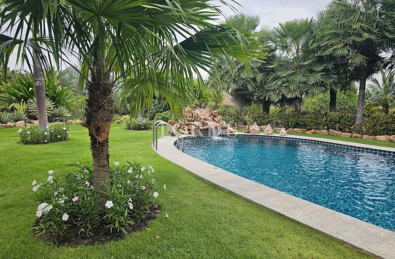 Curved swimming pool surrounded by tropical palm trees, manicured lawn, and landscaped garden.