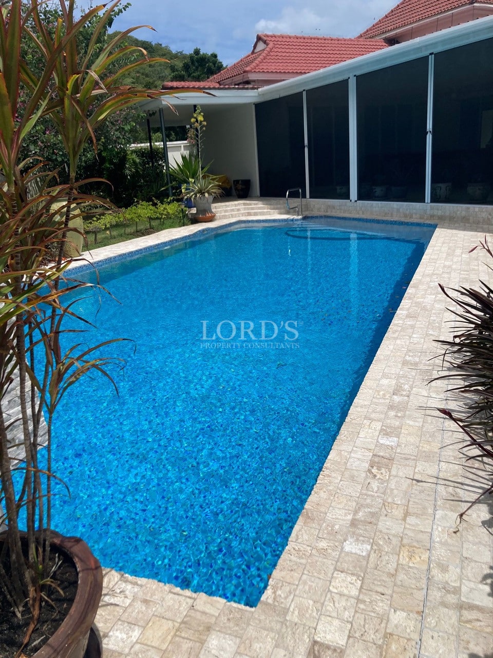 Private swimming pool with tiled deck, tropical landscaping, and covered terrace in a modern villa.