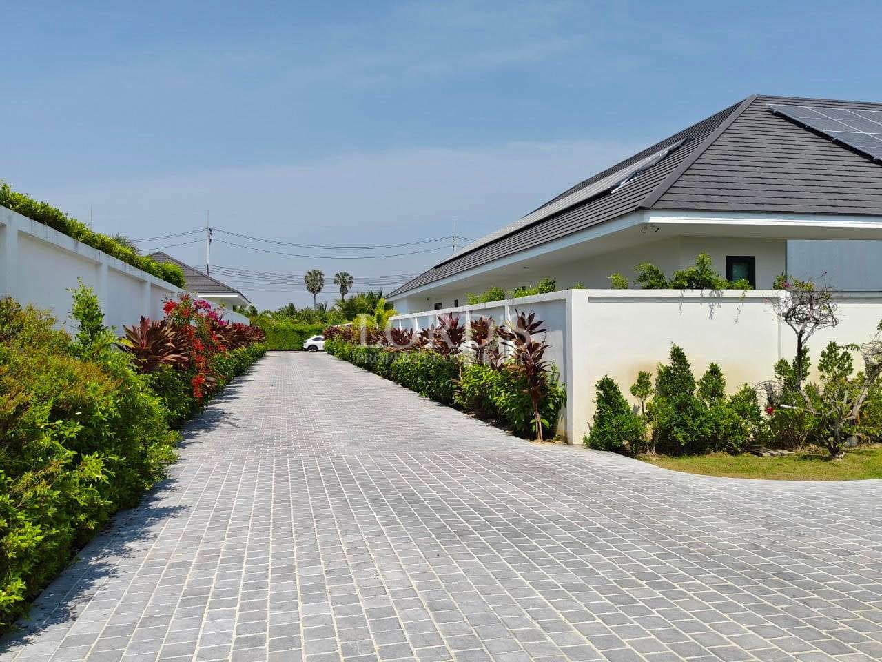 Paved driveway between modern houses