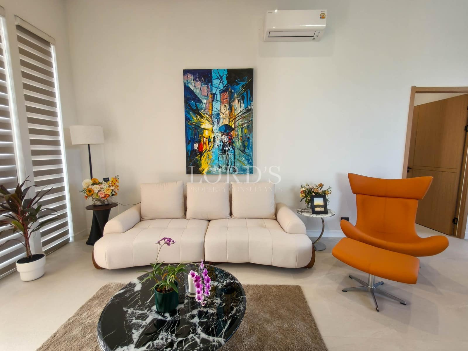 Modern living room with colorful art