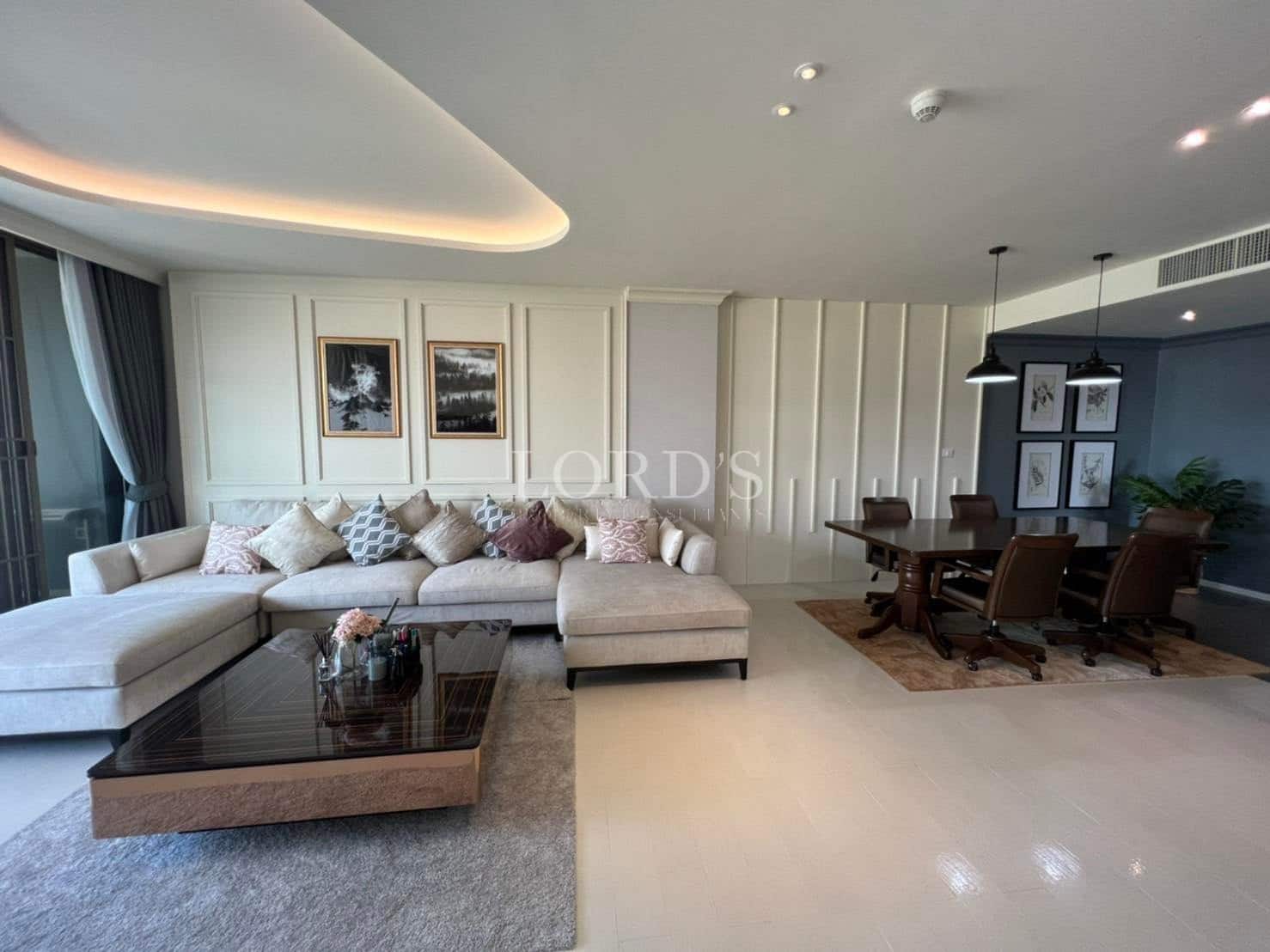 Modern living room with dining area