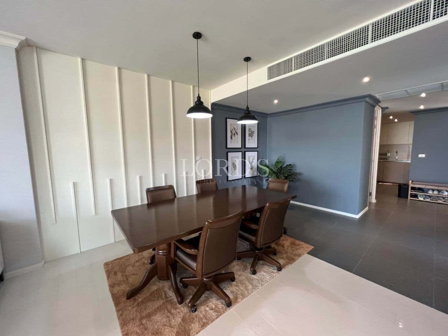 Modern dining room with wooden table