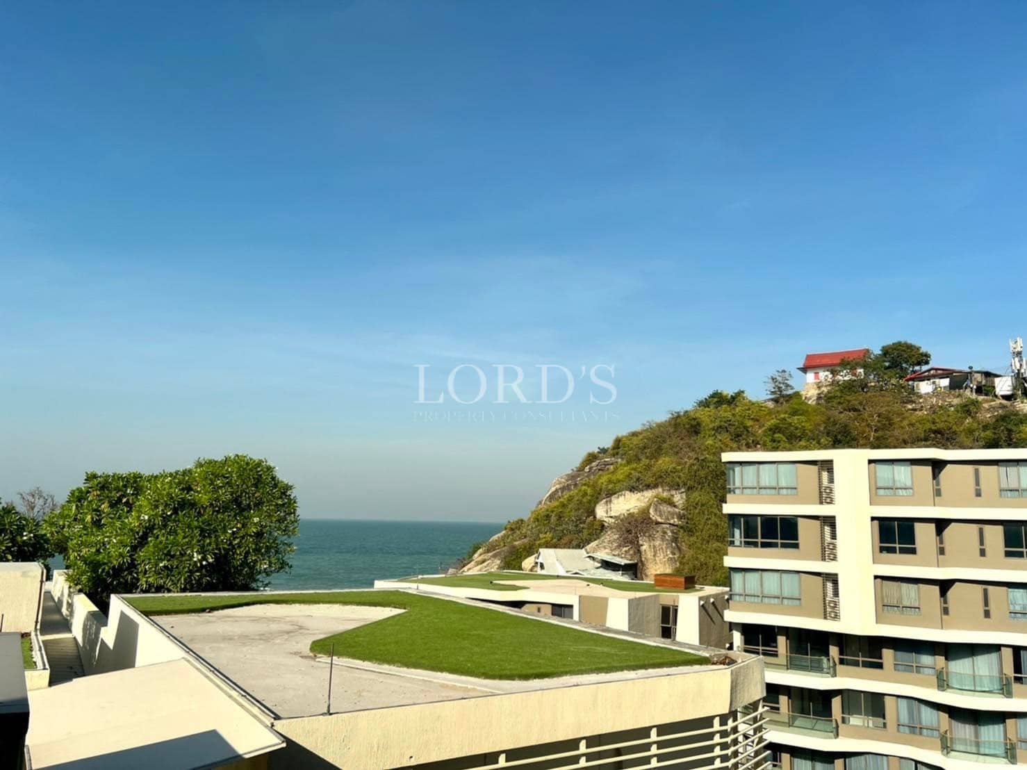 Coastal view with modern architecture.