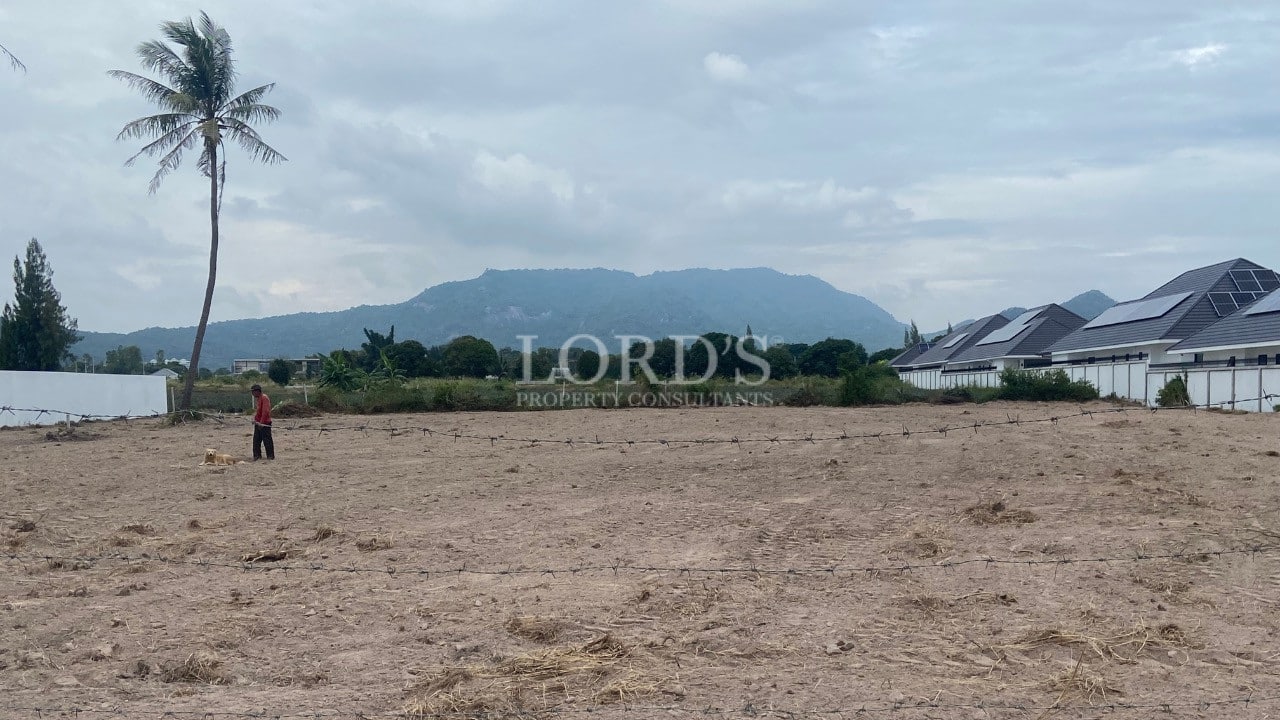 Cleared land plot with mountain views, palm tree, and nearby modern residential houses.