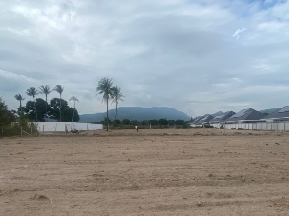 Large cleared land plot with palm trees, boundary fencing, and nearby residential houses.