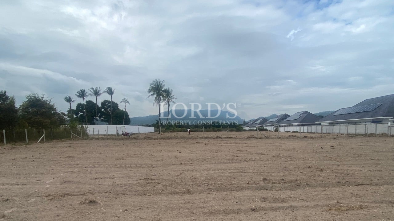 Blue Grey and Gold Modern Competition YouTube Thumbnail Background – 7 Large cleared land plot with palm trees, boundary fencing, and nearby residential houses.