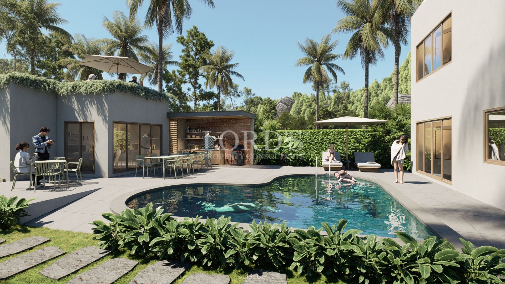 Luxury villa courtyard with swimming pool, outdoor dining area, and tropical landscaping