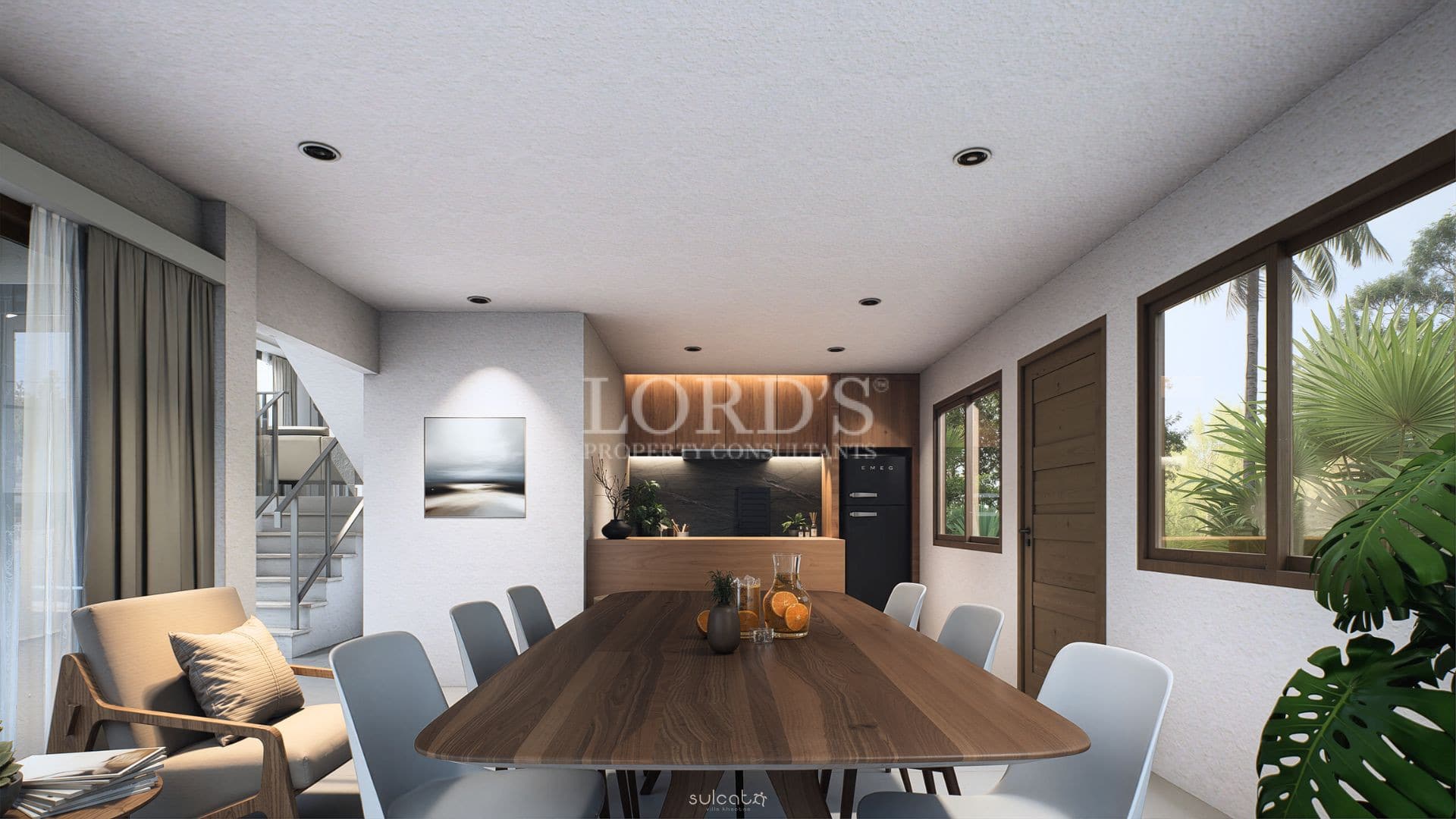 Modern dining area with wooden table, minimalist chairs, and open kitchen in contemporary home