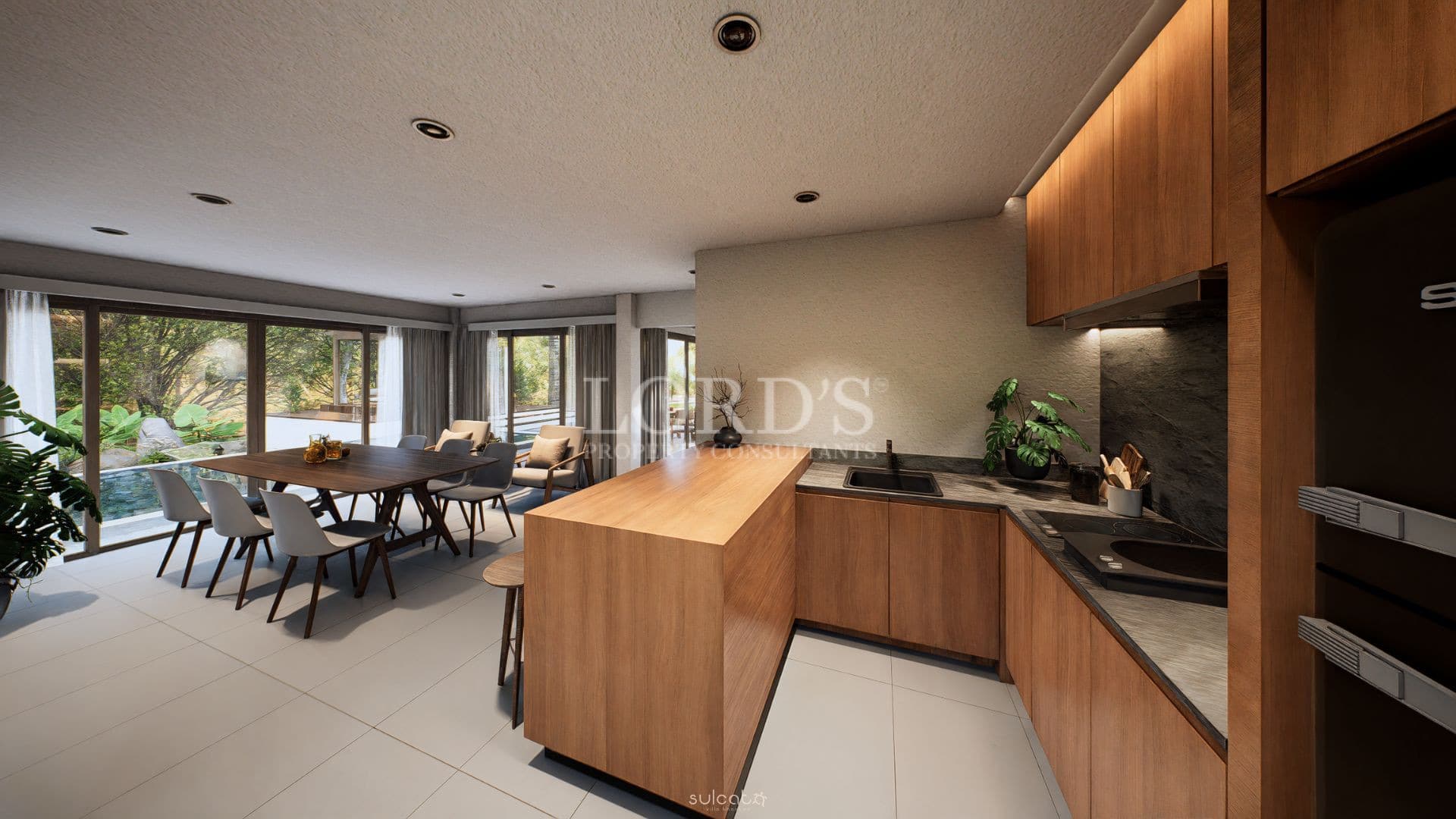 Modern open-plan kitchen with wooden cabinets, island counter, and dining area with large glass windows